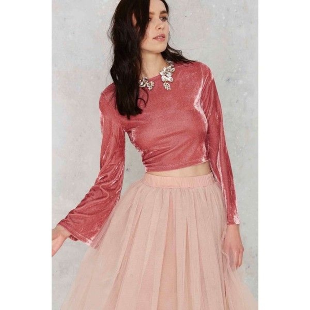 Nasty Gal Cropped Pink Velvet Bell Sleeve Top